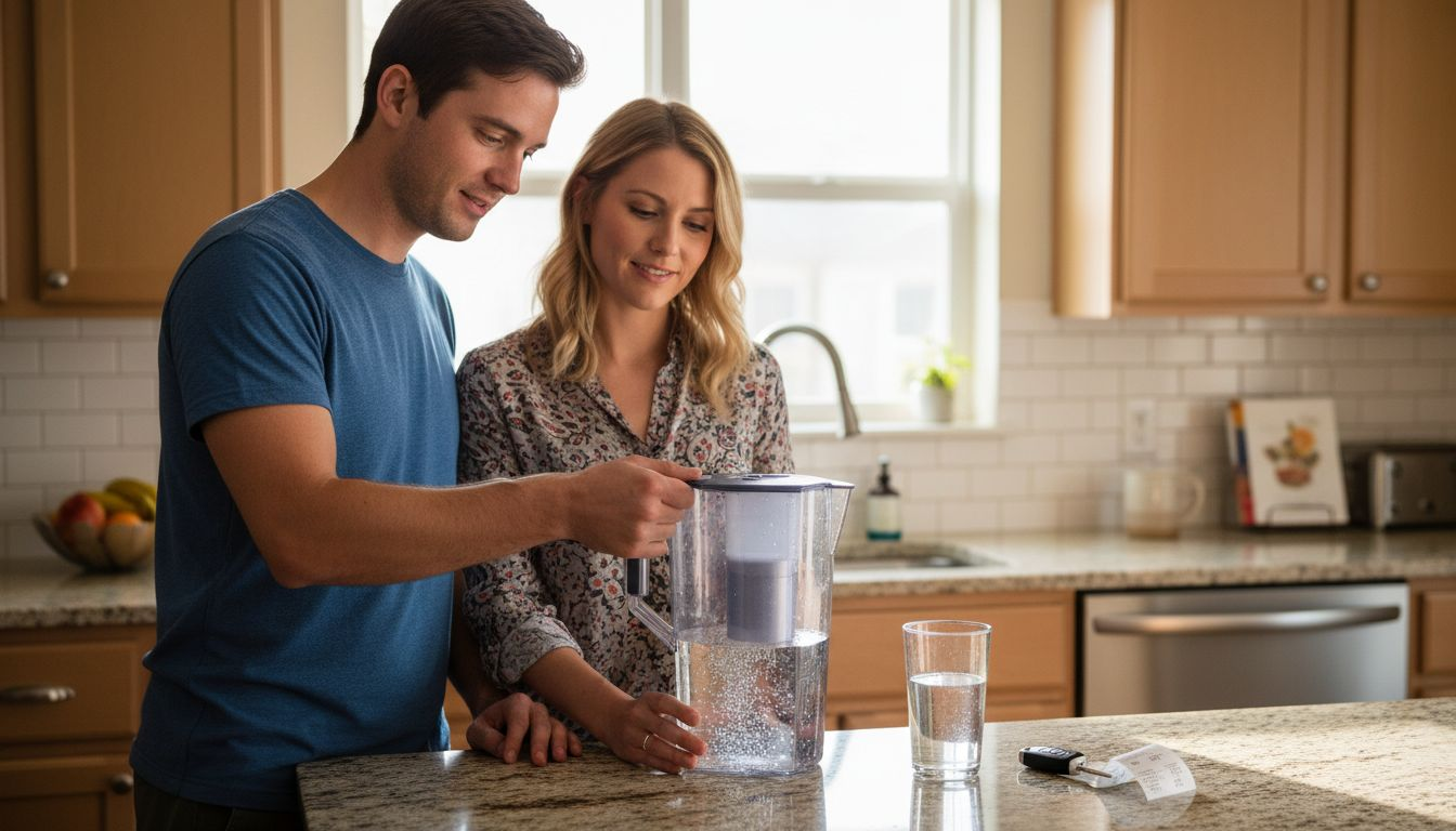 Couple using water filter in home kitchen