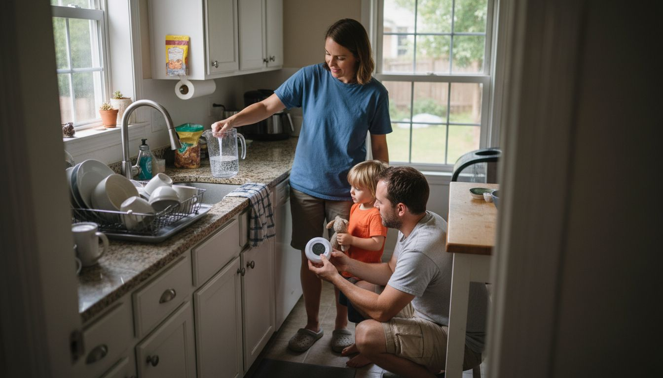 Family using water-efficient kitchen faucet