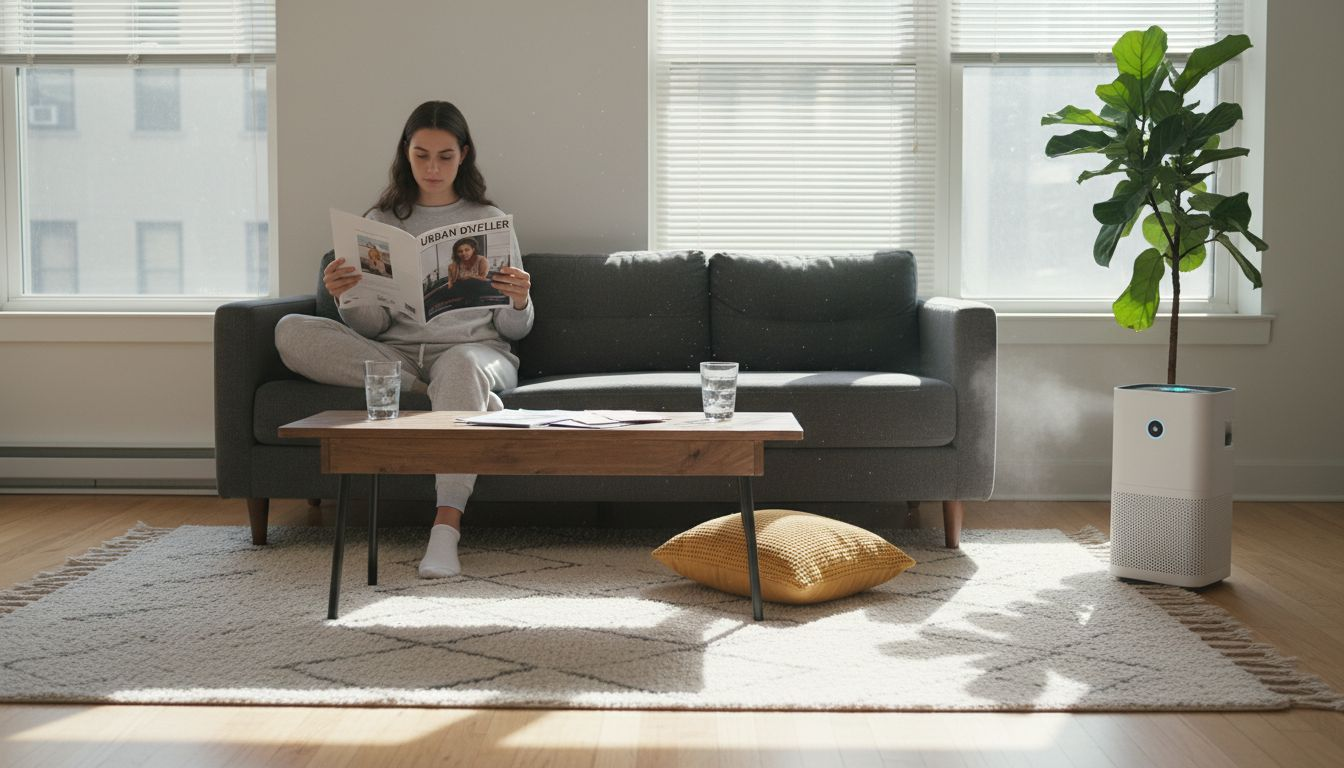 Woman relaxing near air purifier in sunlit room
