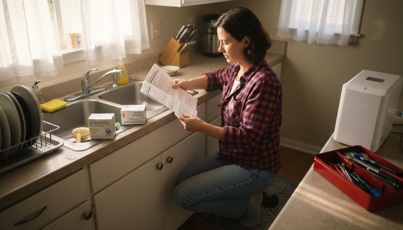 Homeowner installing water filter under sink