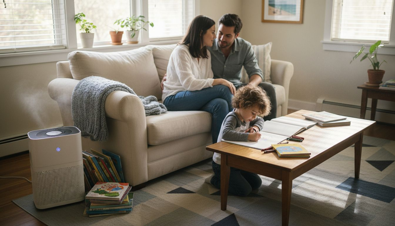 Family in living room with air purifier running