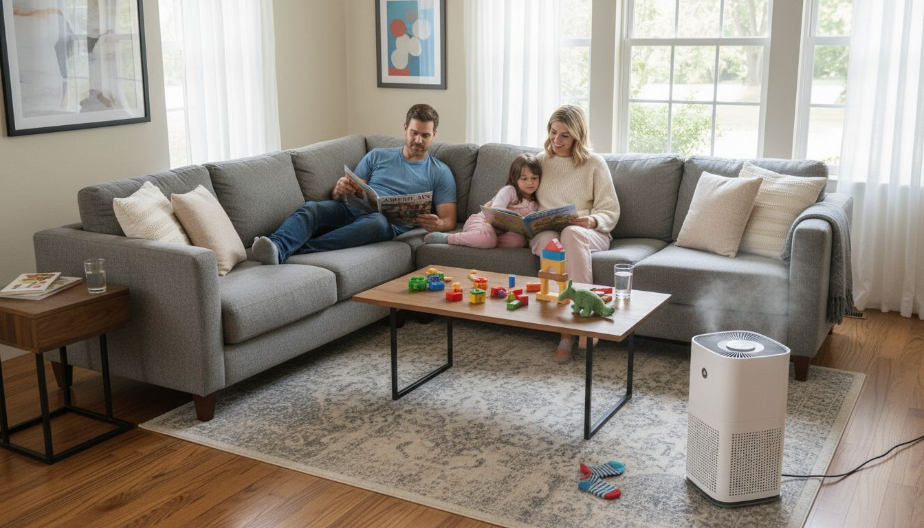 Family using certified air purifier in living room