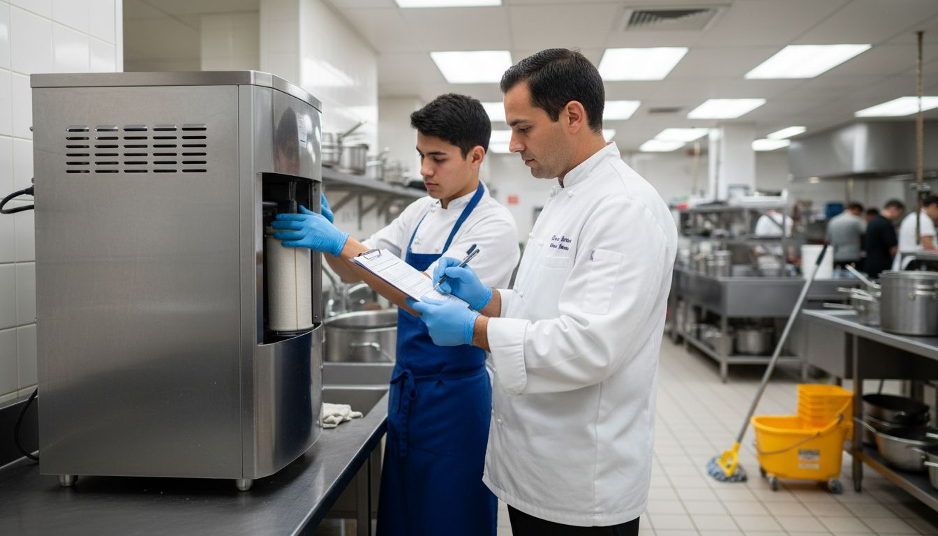 Kitchen supervisor checks industrial food filtration system