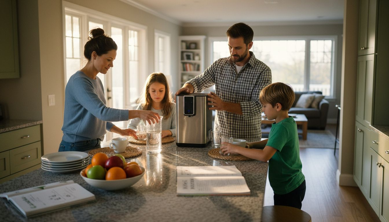 Family using water purifier in kitchen
