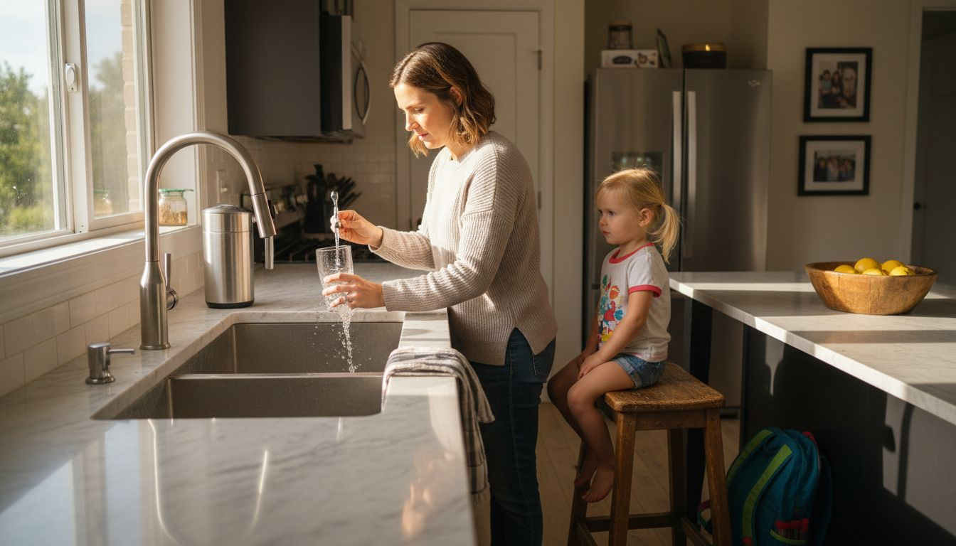 Family filling glass with water at kitchen sink