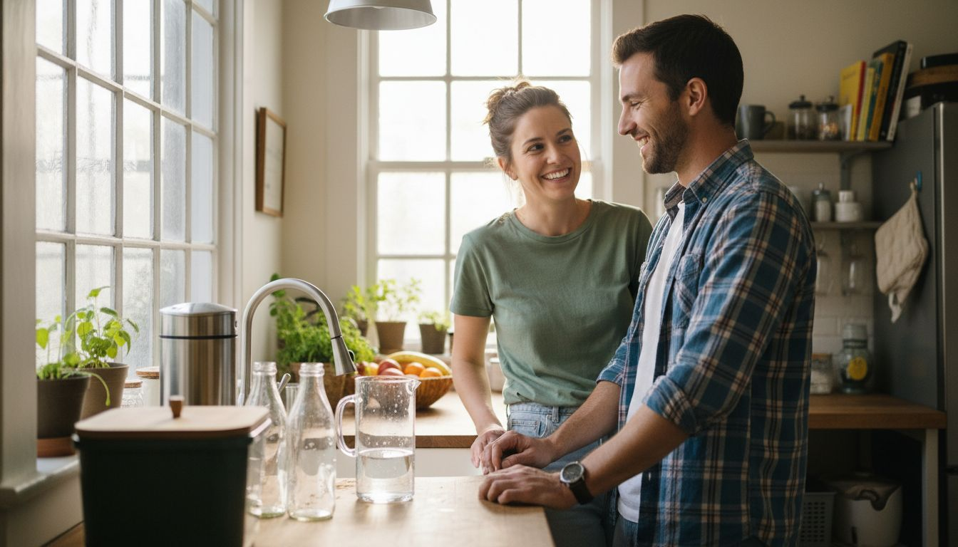 Couple discussing eco-friendly water filter in kitchen