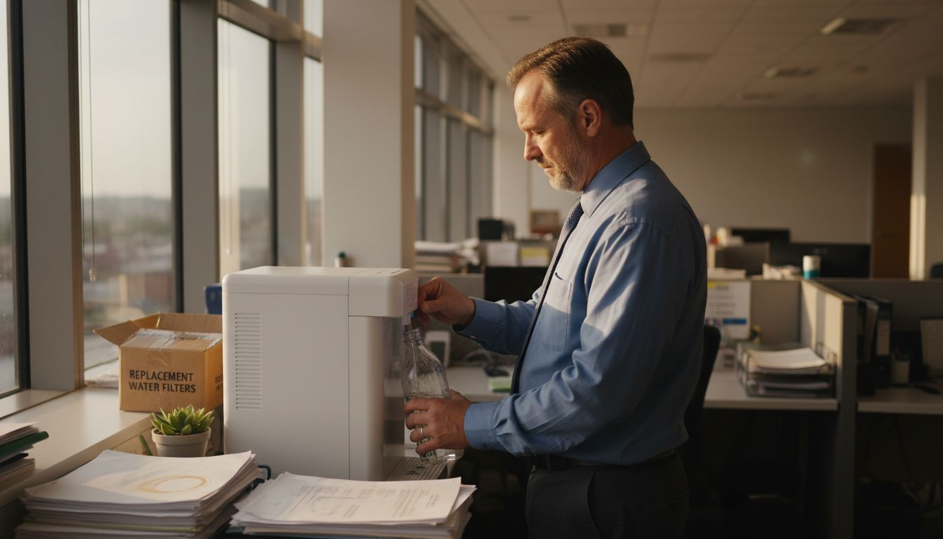 Office manager filling bottle at water purifier