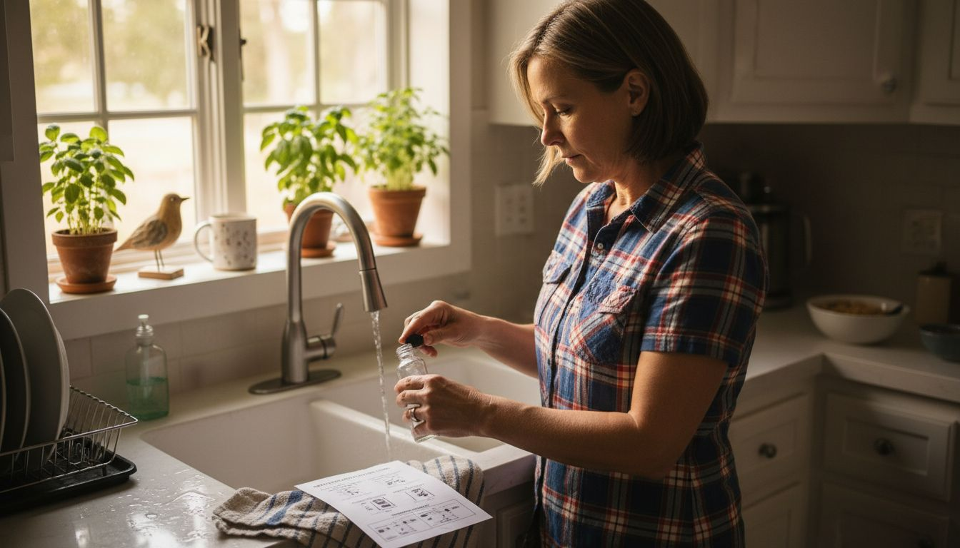 Woman filling water sample bottle at sink