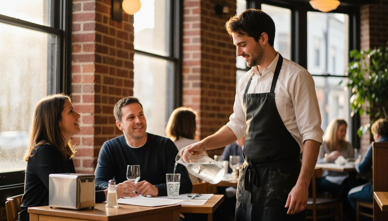 Waiter serving purified water to diners