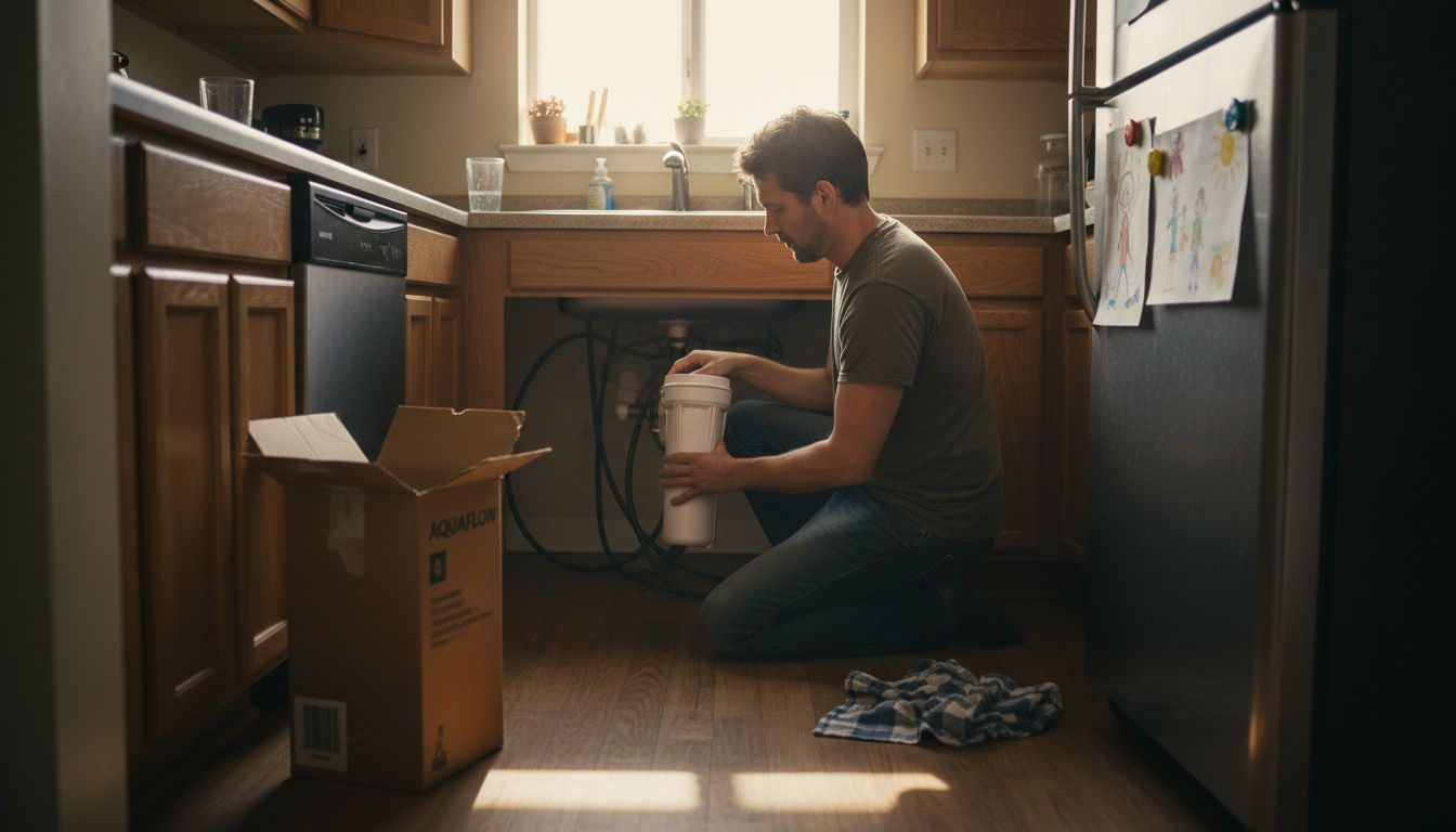 Father installing water filter in home kitchen
