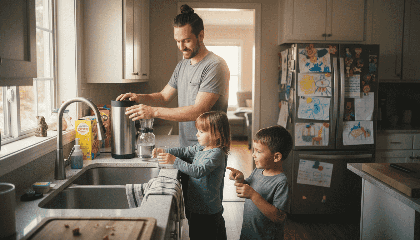 Family using multi-filter water system in kitchen