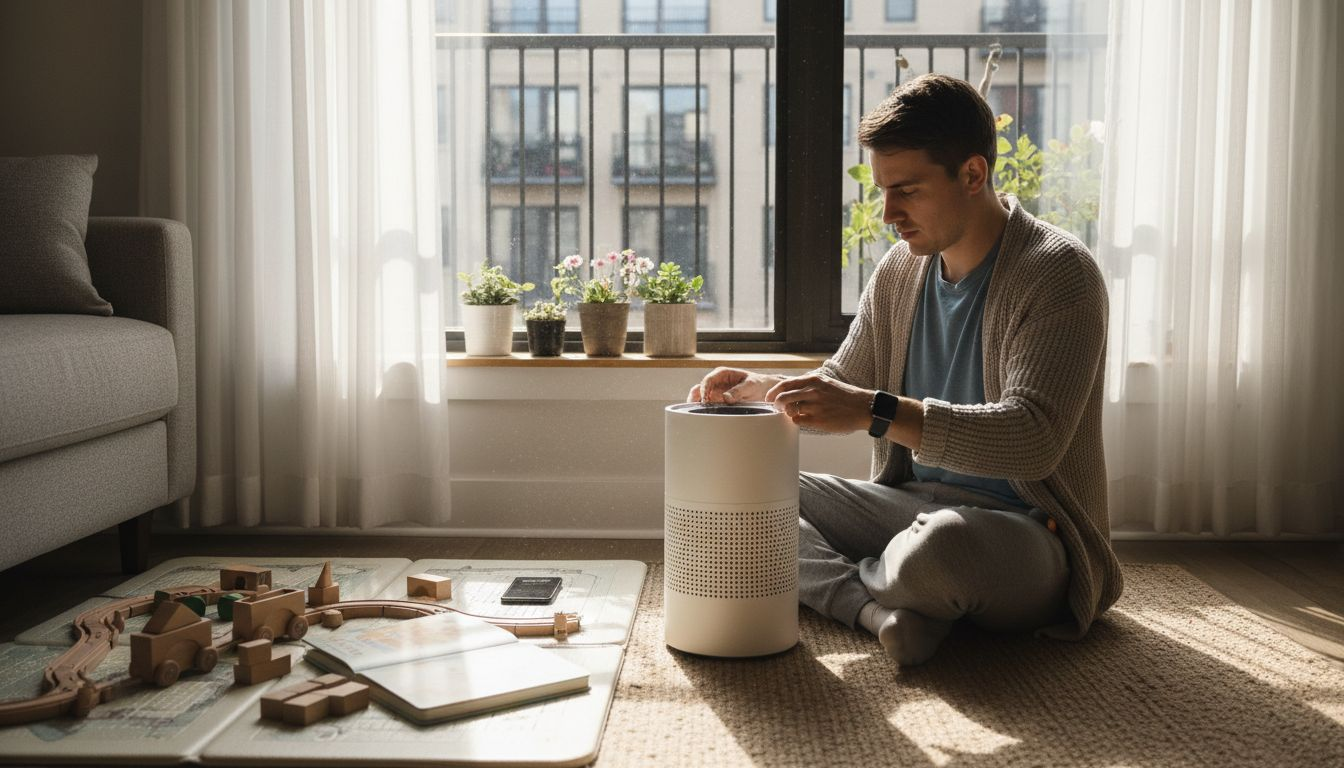 Person setting up smart air purifier at home