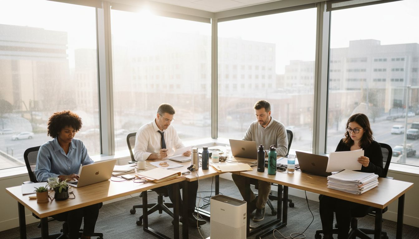 Office team working in bright workspace