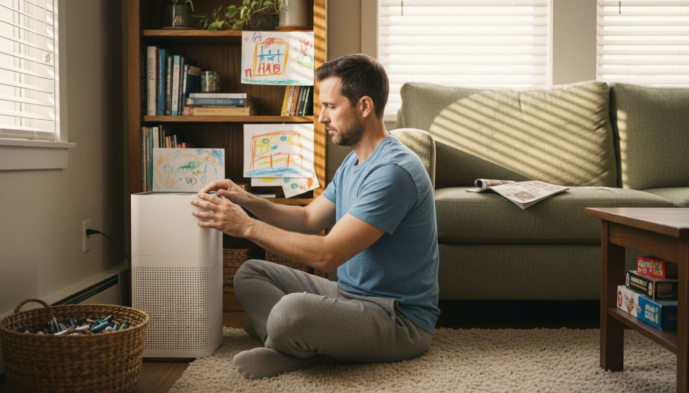 Person adjusting efficient purifier in lived-in home