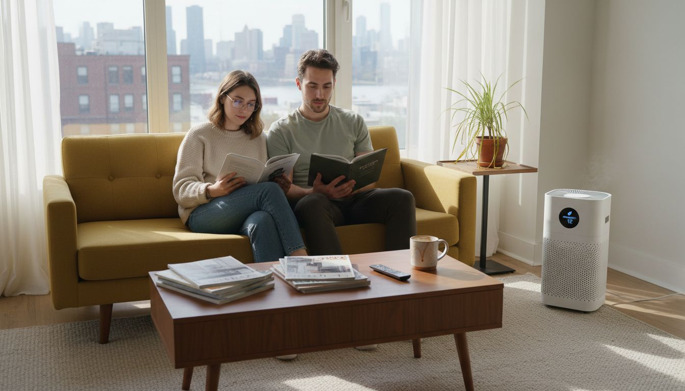 Couple relaxing near smart air purifier