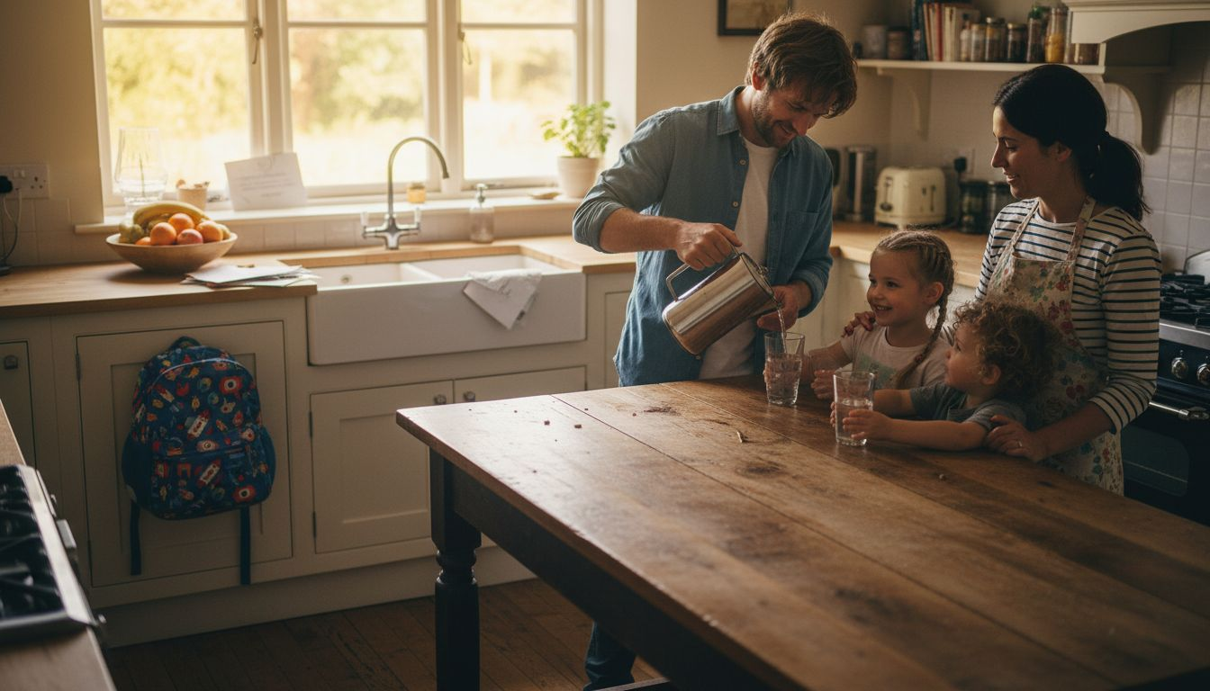 Family around kitchen using water filter