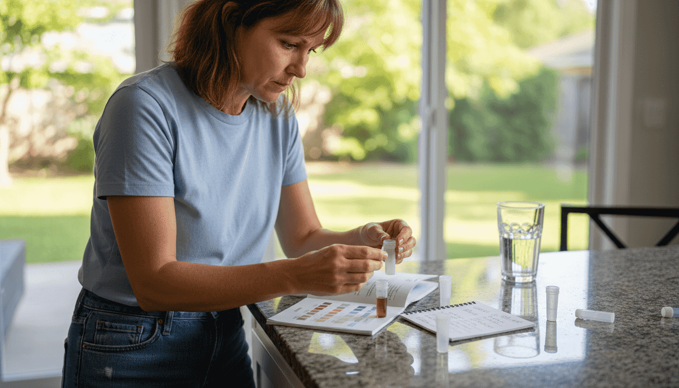 Homeowner testing kitchen tap water sample