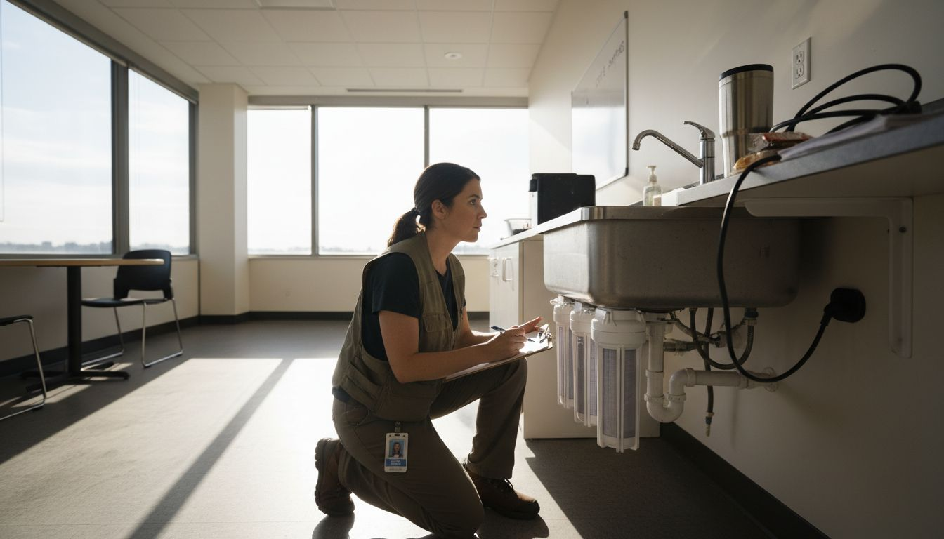 Facilities manager inspecting office water filtration