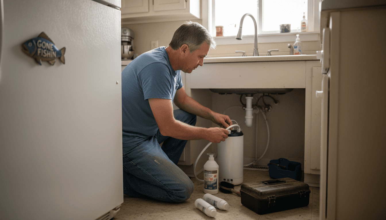 Homeowner installing water filter under kitchen sink