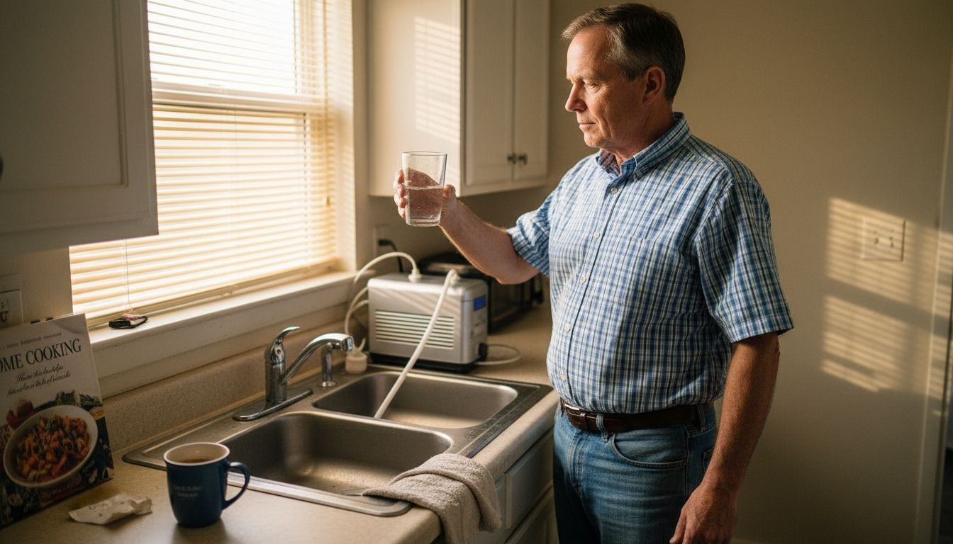 Man using home water purification system