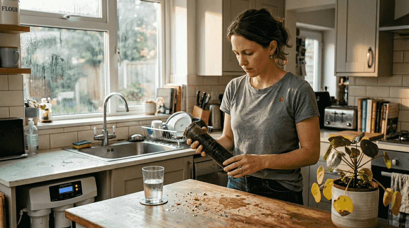 Woman checks kitchen water filter at home