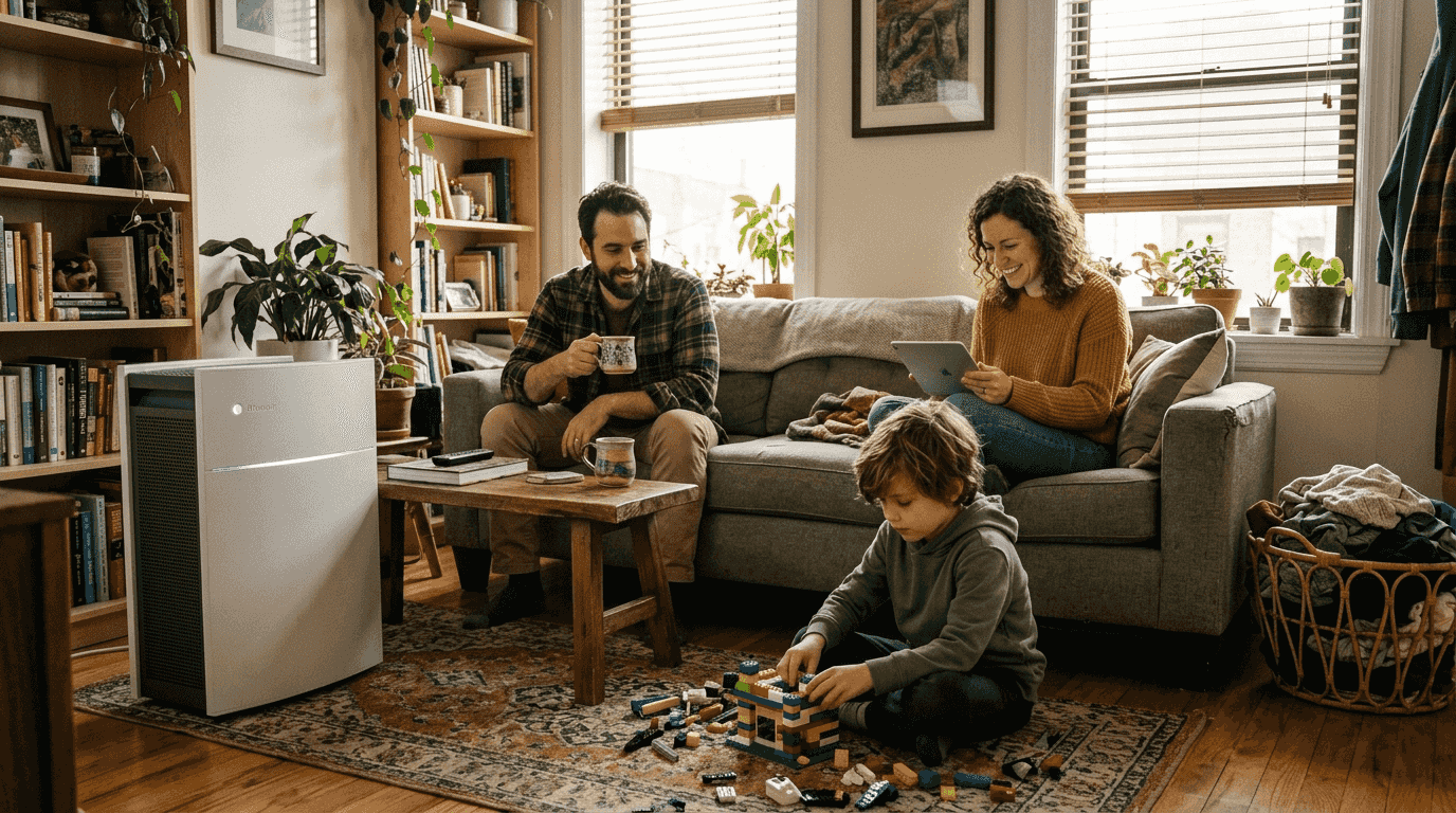 Family relaxing near air purifier in sunny living room