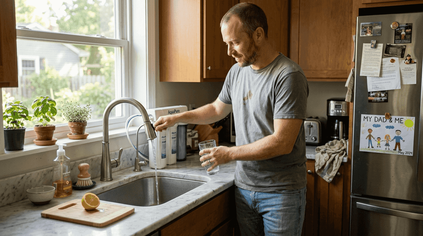 Kitchen scene showing home water filtration
