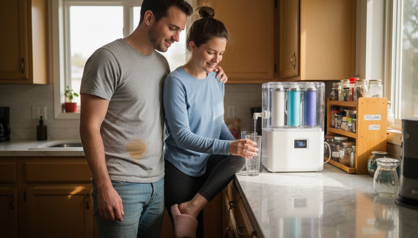Couple uses kitchen water purifier with minerals