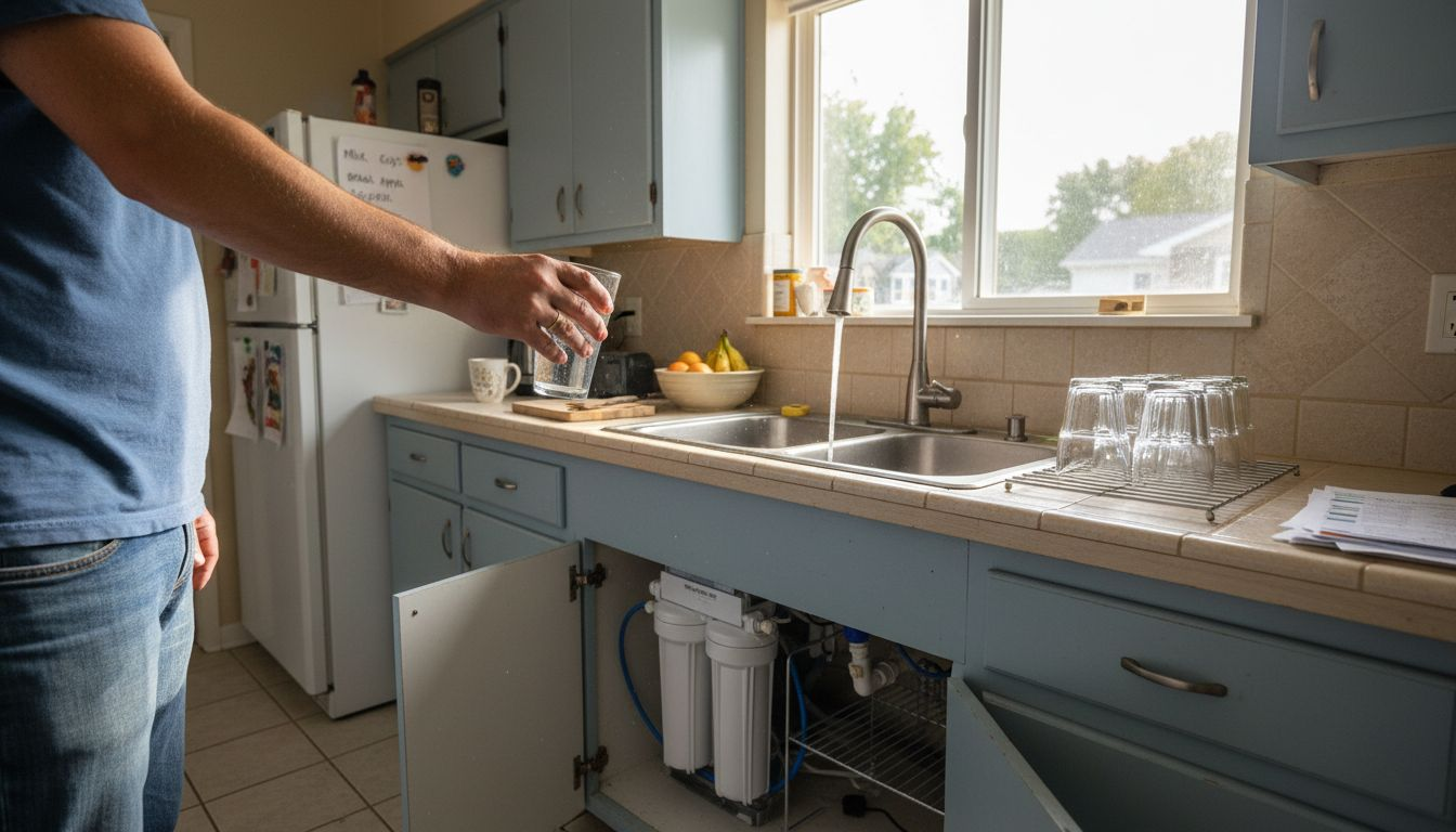 Father uses filtered water at busy kitchen sink