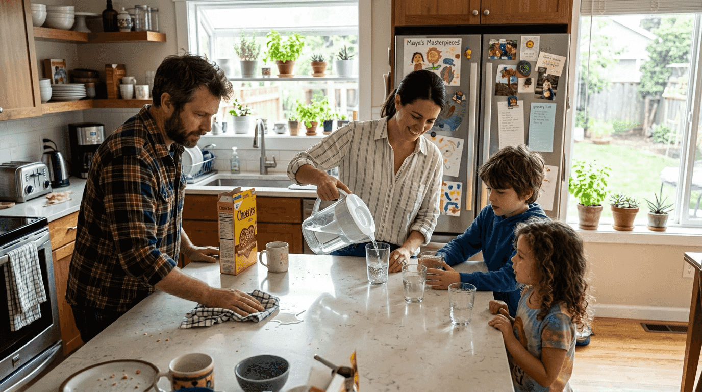 Family pours and drinks water in kitchen