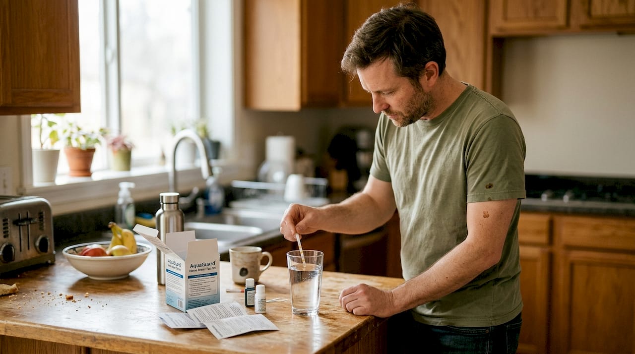 Man testing kitchen tap water for contaminants