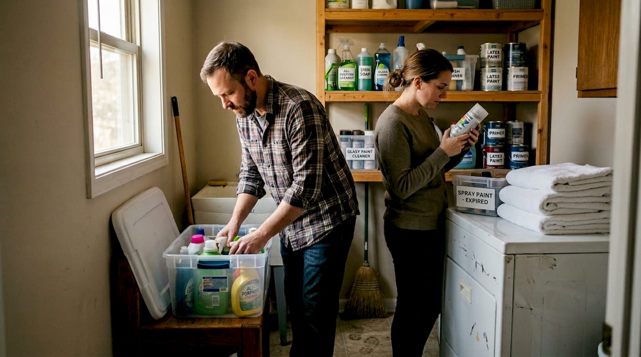 Couple storing home chemicals for air quality
