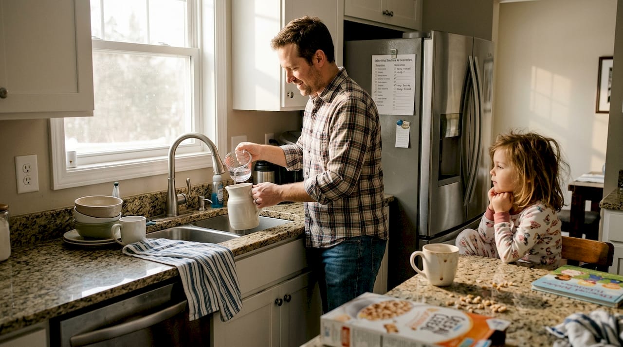 Family measuring water use in kitchen