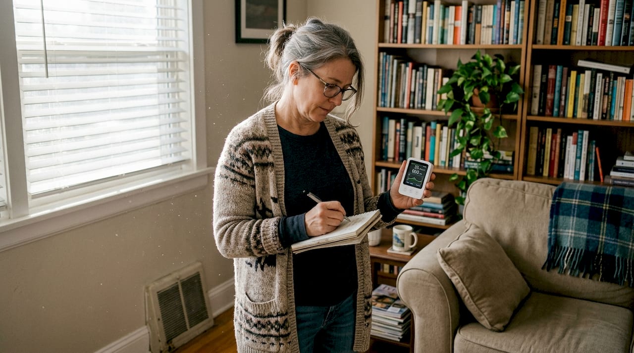 Woman assessing home air quality with device