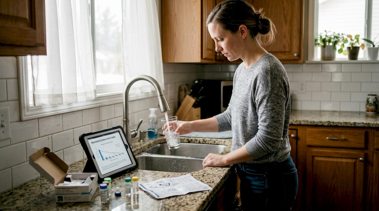 Woman testing tap water in kitchen