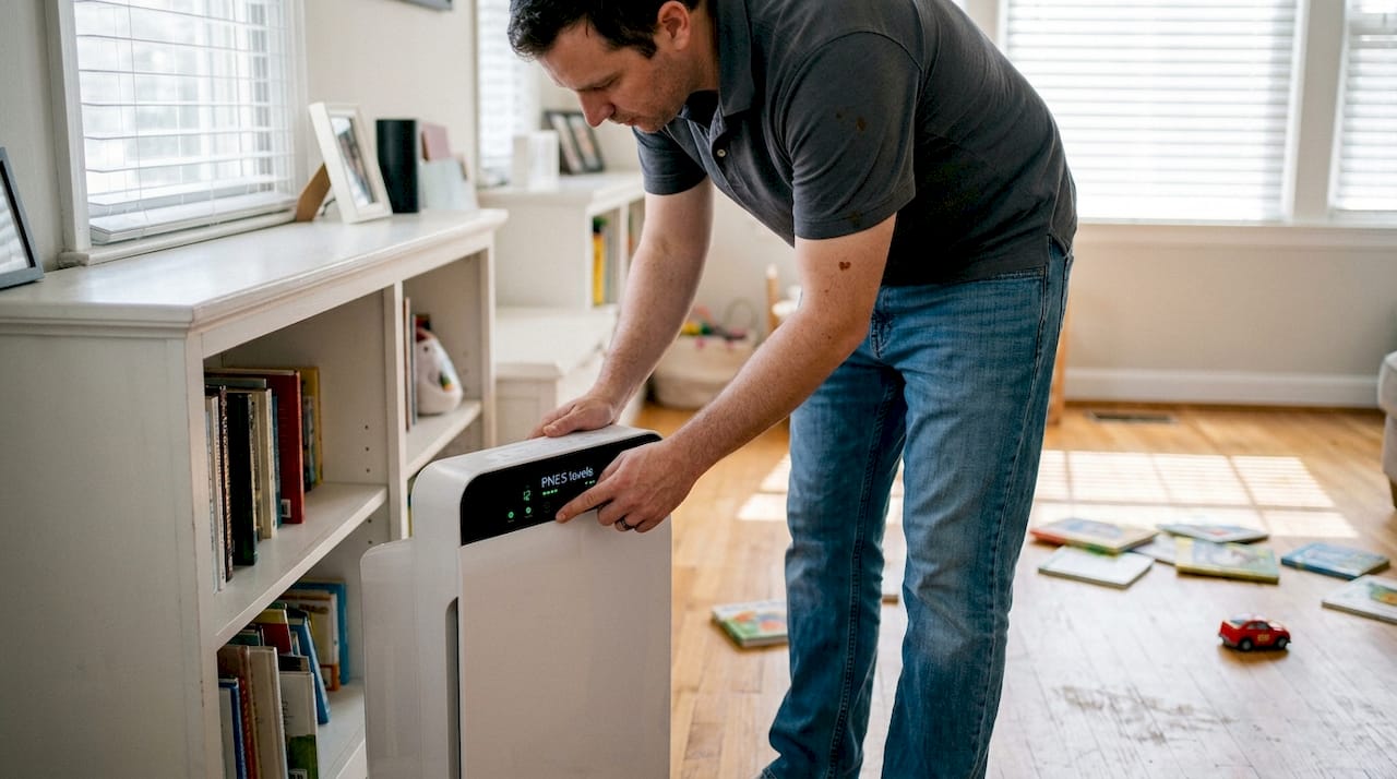 Man operating air purifier with sensors