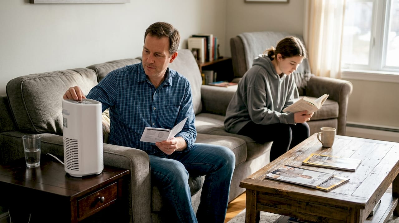 Family setting up home air purifier in living room