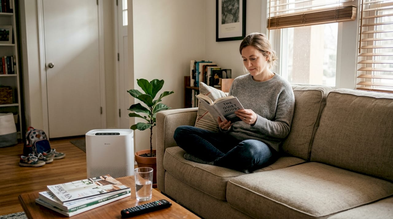 Woman reading in living room with air purifier