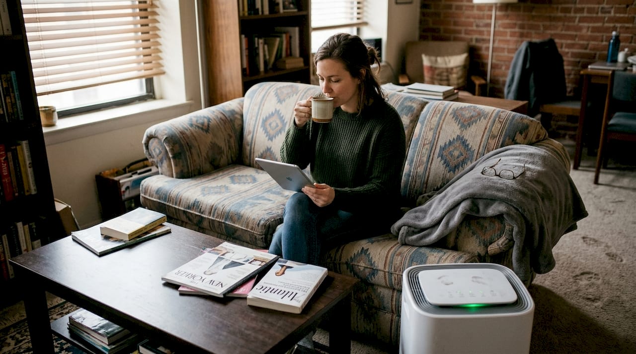 Woman relaxing with air purifier in use