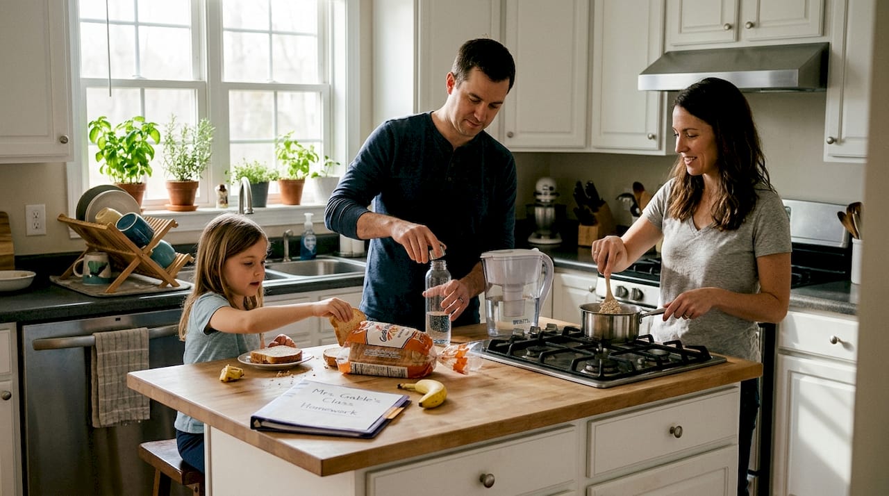 Family using water filter in bright kitchen