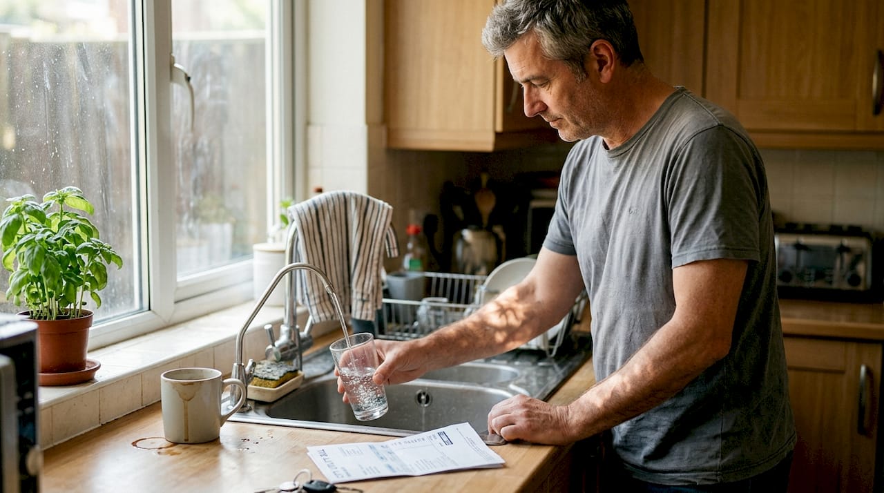 Man filling glass at kitchen water filter