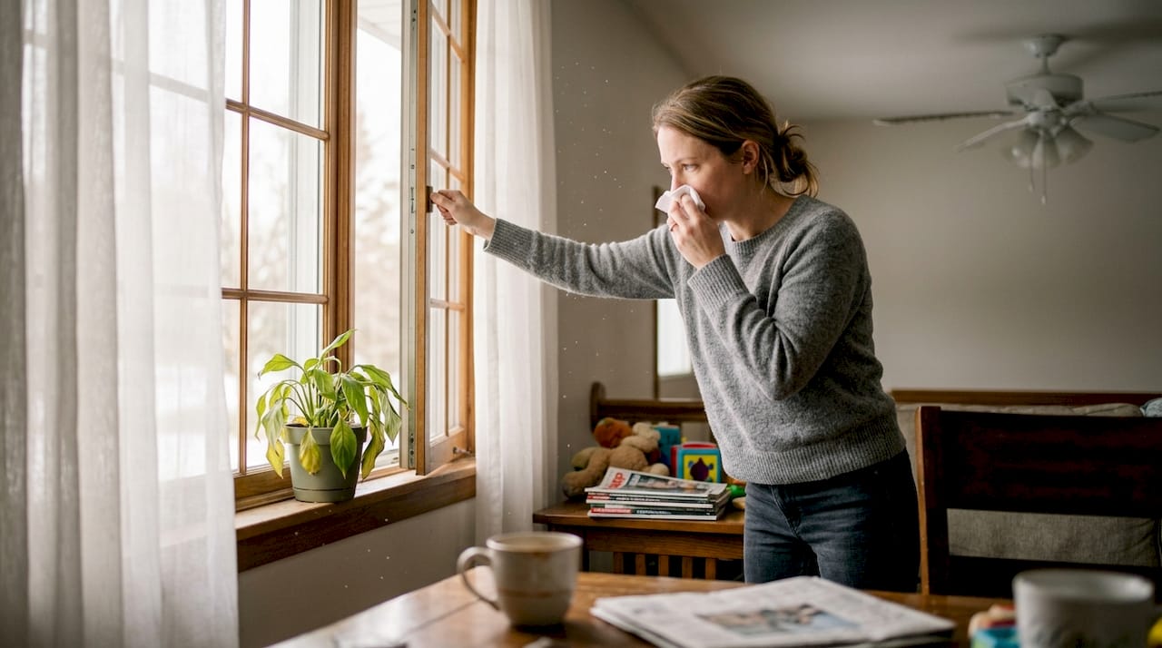 Woman opens living room window with dust and clutter