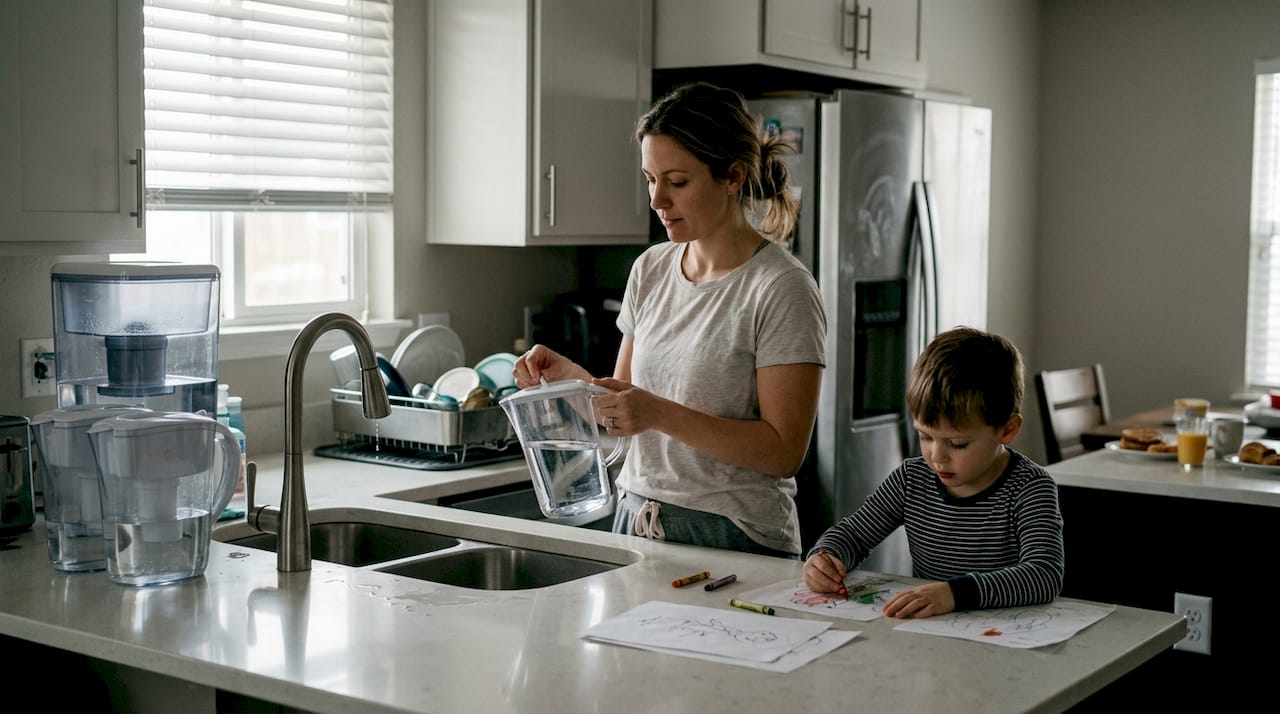 Mother uses home water filter in kitchen