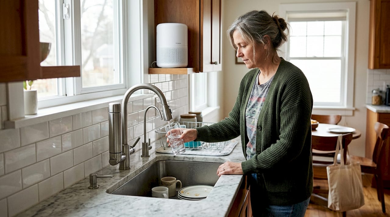 Woman using air and water purifiers in kitchen
