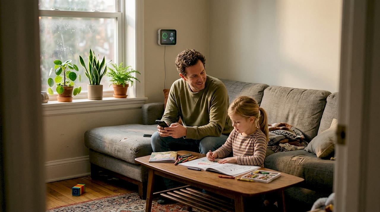 Family discussing air quality in lived-in living room