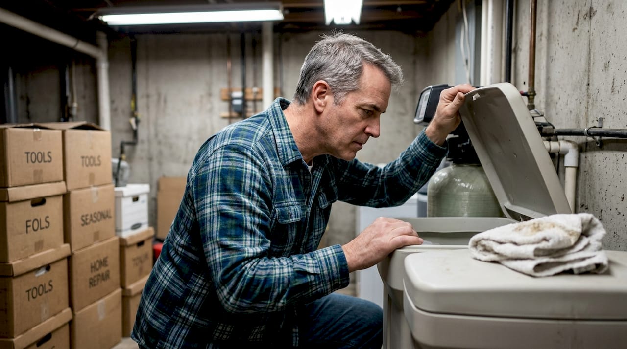 Homeowner checks water softener salt level