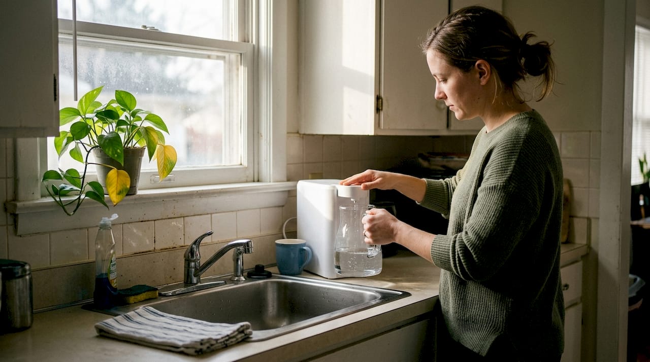 Woman using water filter in home kitchen
