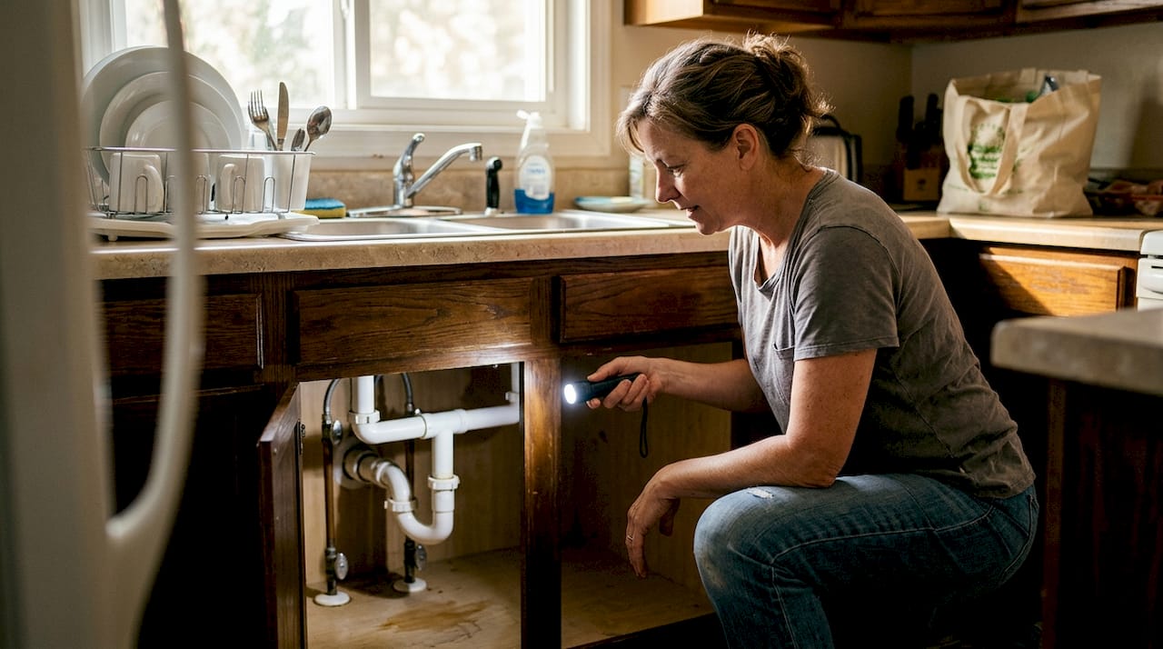 Homeowner inspects kitchen plumbing with flashlight