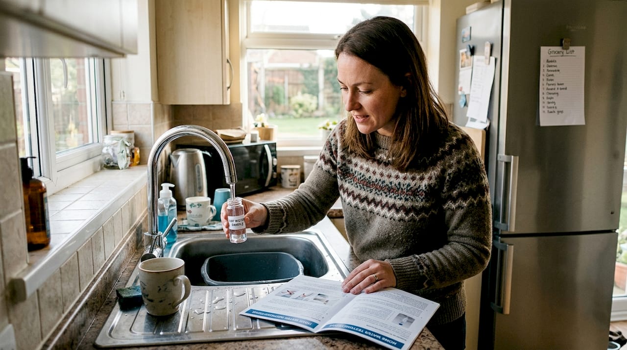 Homeowner collecting tap water sample in kitchen