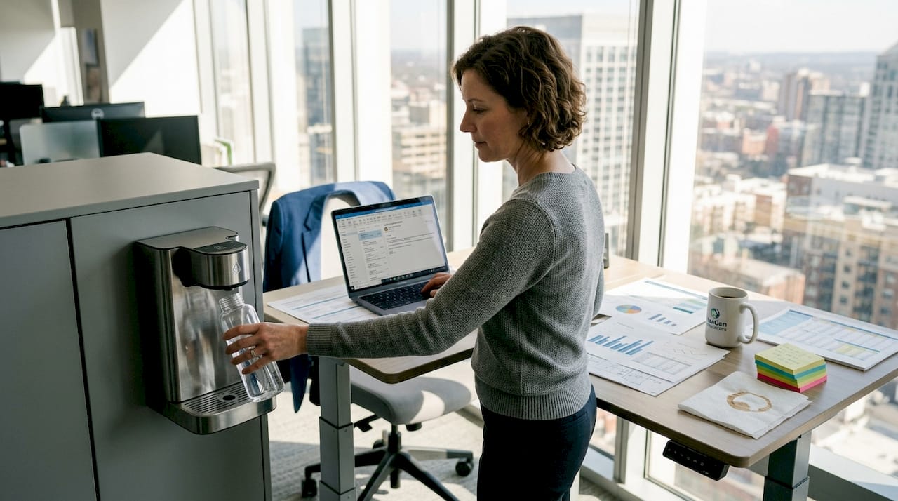 Office worker refilling water bottle at desk